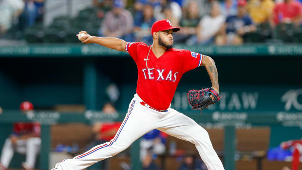 Aug 26, 2022; Arlington, Texas, USA; Texas Rangers relief pitcher Jonathan Hernandez (72) throws a pitch during the eighth inning against the Detroit Tigers at Globe Life Field. Mandatory Credit: Andrew Dieb-USA TODAY Sports